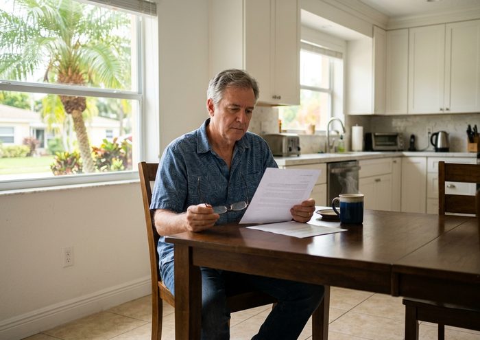 Homeowner reading a cash offer letter at his kitchen table in Fort Lauderdale